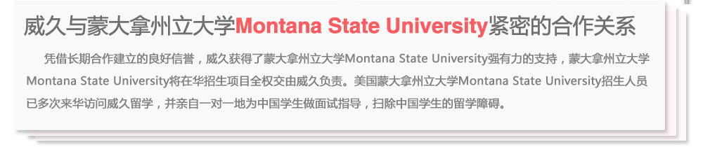 威久与蒙大拿州立大学Montana State University紧密的合作关系
      凭借长期合作建立的良好信誉，威久获得了蒙大拿州立大学Montana State University强有力的支持，蒙大拿州立大学Montana State  University将在华招生项目全权交由威久负责。美国蒙大拿州立大学Montana State University招生人员已多次来华访问威久留学，并亲自一对一地为中国学生做面试指导，扫除中国学生的留学障碍。