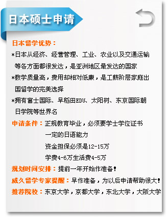 日本硕士申请  日本留学优势?
*日本从经济、经营管理、工业、农业以及交通运?
 等各方面都很发达，是亚洲地区最发达的国?
*教学质量高，费用却相对低廉，是工薪阶层家庭出
 国留学的完美选择
*拥有富士国际、早稻田EDU、太阳树、东京国际朝
 日学院等世界?
申请条件：正规教育毕业，必须要学士学位证?
           一定的日语能力
           资金担保必须?2-15?
           学费4-6万生活费4-5?
规划时间安排：提前一年开始作准备?
威久留学提醒：早作准备，为以后申请帮助很大！
推荐院校：东京大学，京都大学，东北大学，大阪大学